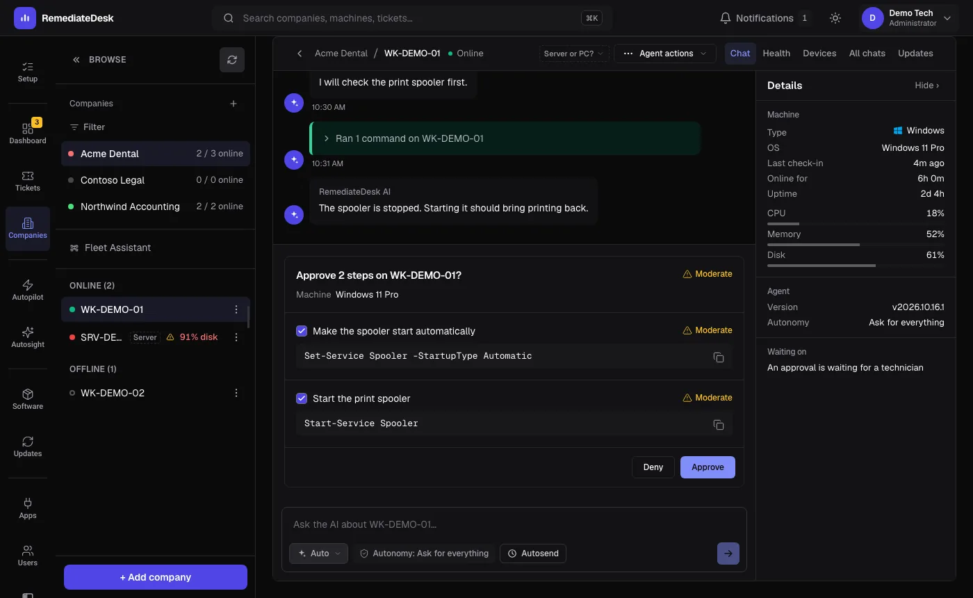A machine's chat with an approval card listing two commands with plain descriptions and risk labels. (dark theme)