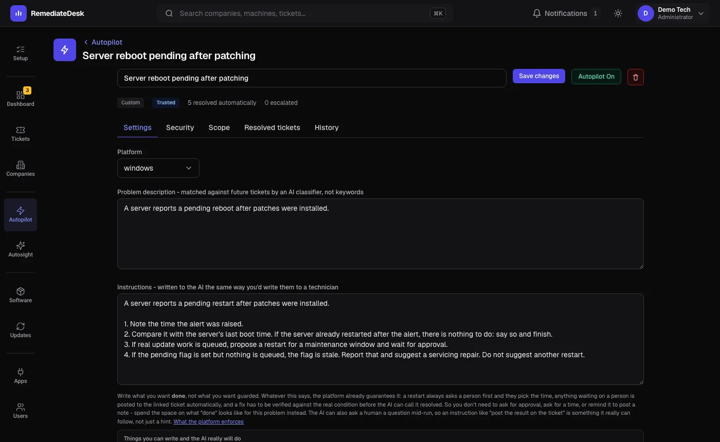 The Autopilot editor: a plain-English instruction beside the description of tickets it applies to. (dark theme)
