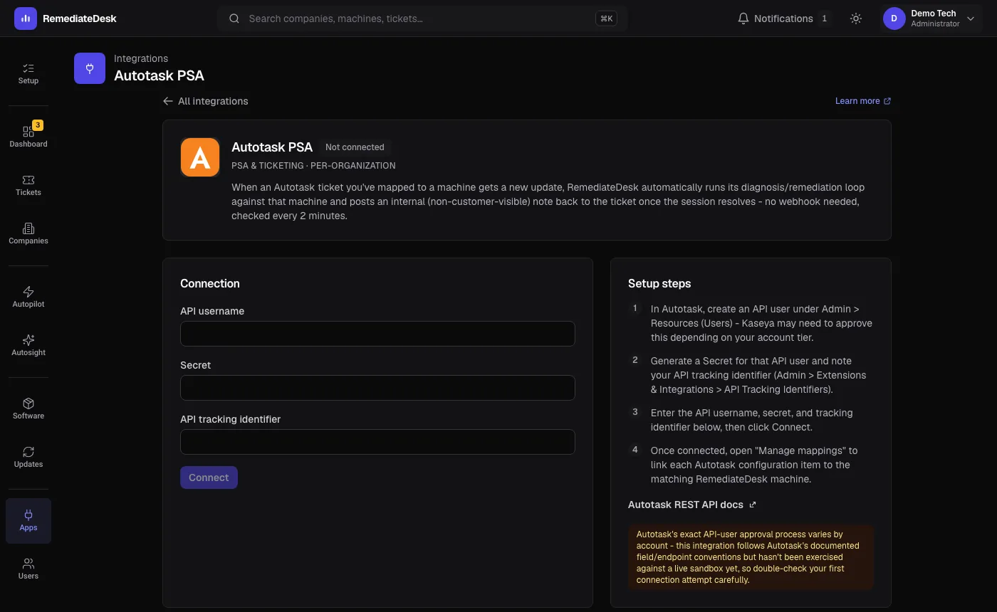 The Autotask connection form on the Apps page: three fields for the API username, the secret and the API tracking identifier, and a Connect button. (dark theme)