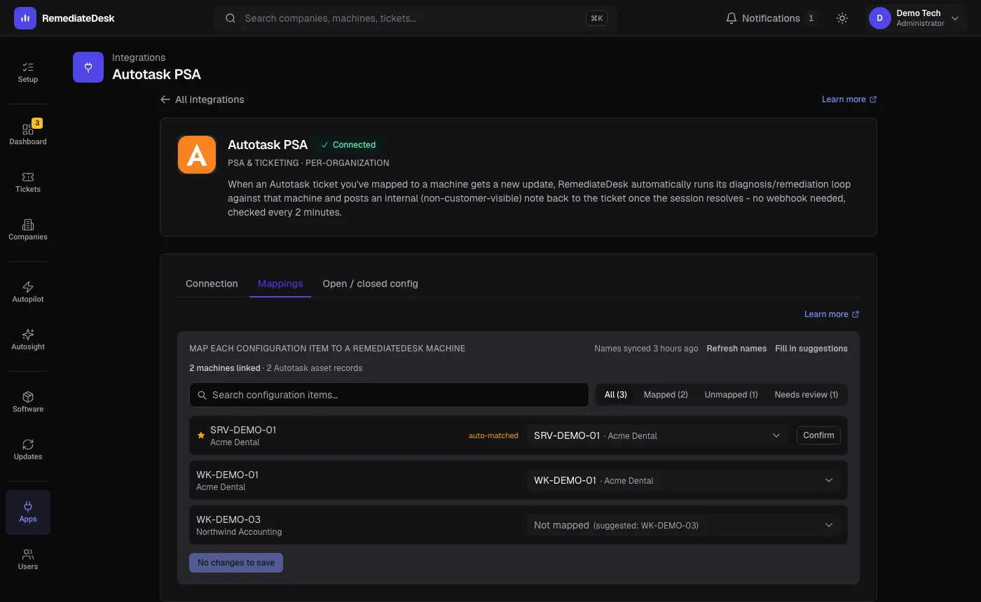 The Mappings tab for Autotask: configuration items beside the machine each is linked to, one marked auto-matched with a Confirm button. (dark theme)
