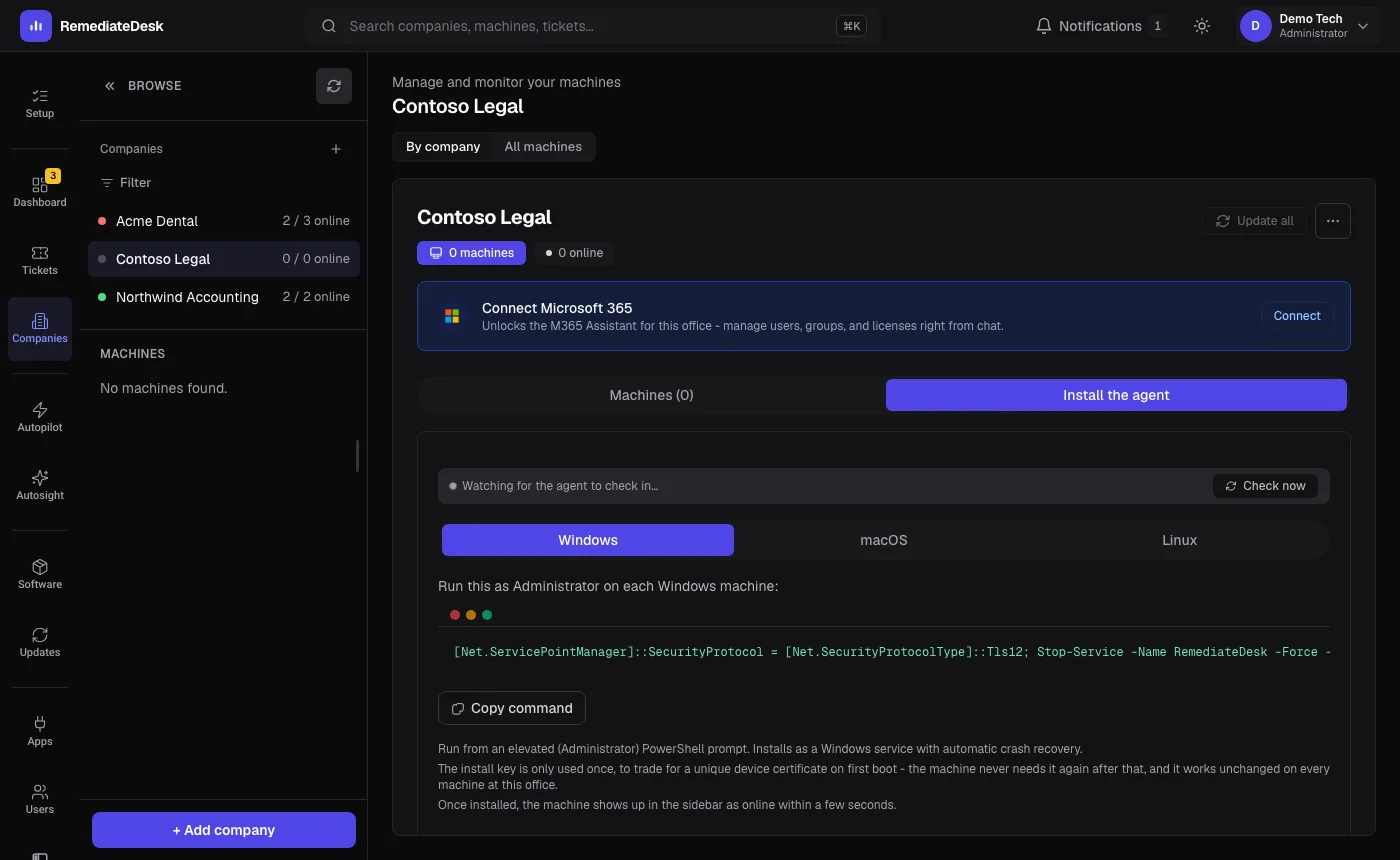 The install panel of a company with the one-line command for Windows, macOS and Linux. (dark theme)