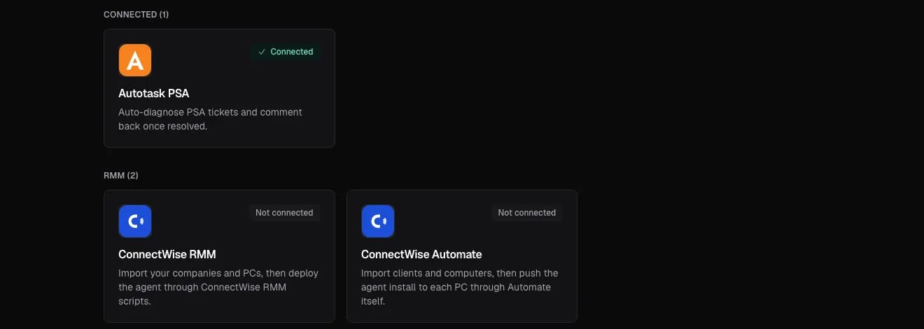 The Apps page: tiles for Autotask, shown as connected, and for ConnectWise RMM and Automate. (dark theme)