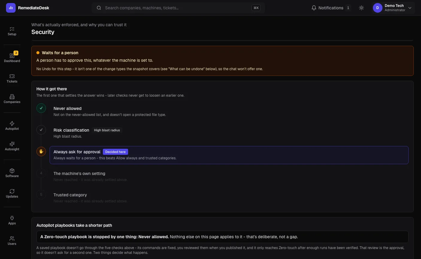 The Security page walkthrough: a command is tested against each check in order and the deciding one is marked. (dark theme)