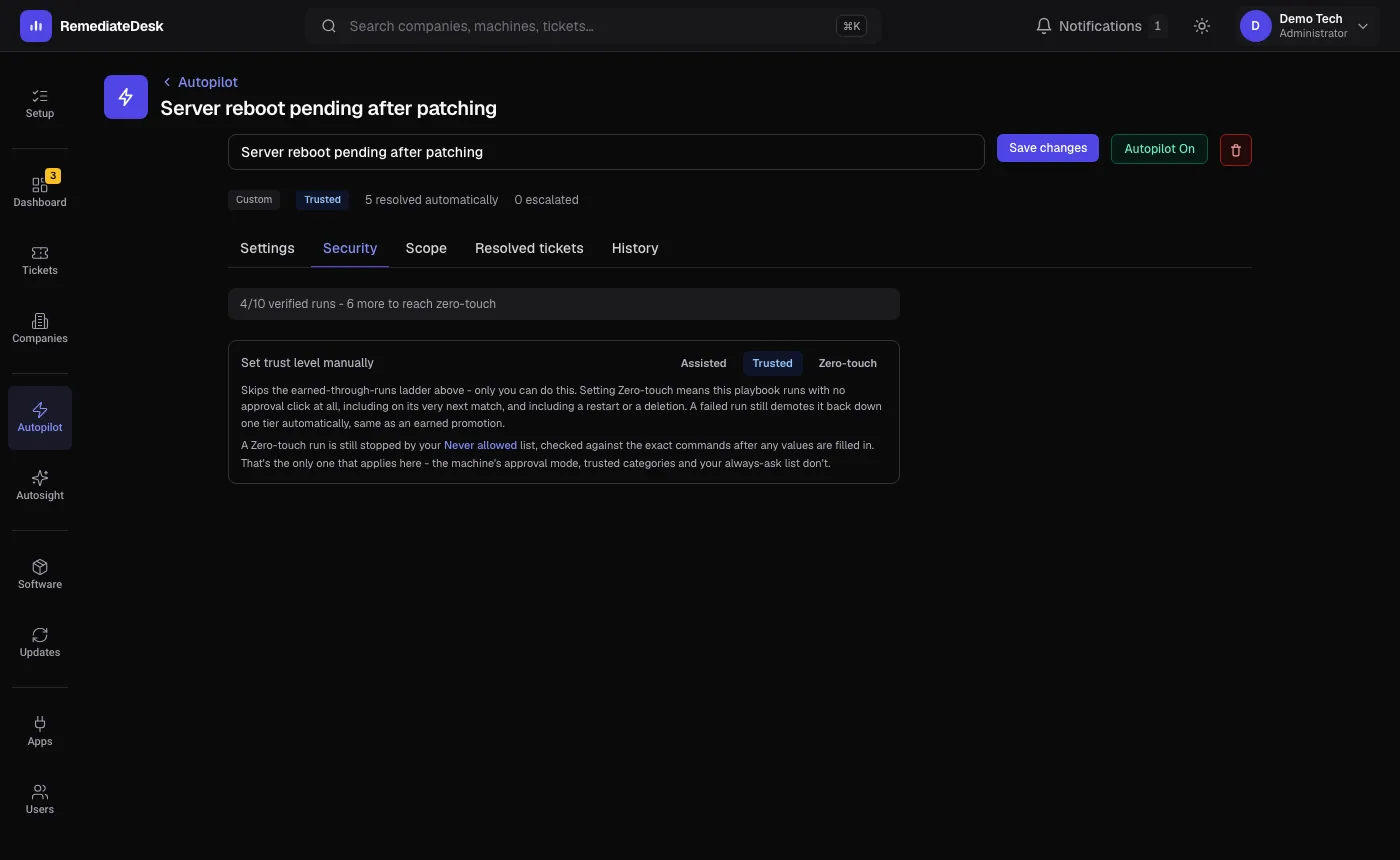 The Security tab of an Autopilot instruction, showing its trust level and progress toward the next one. (dark theme)