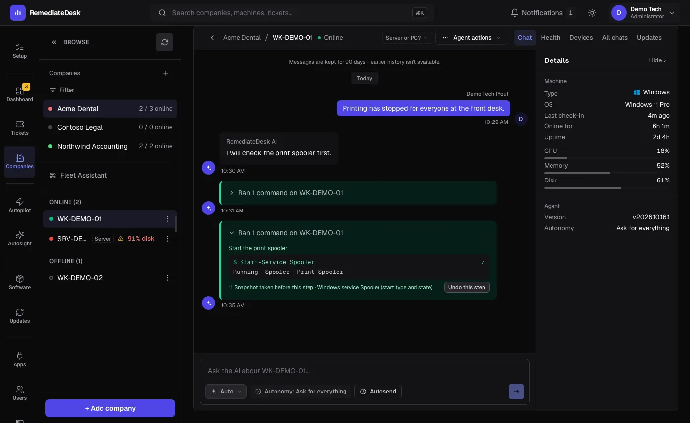 A finished step in the chat with a snapshot note and an Undo this step button. (dark theme)